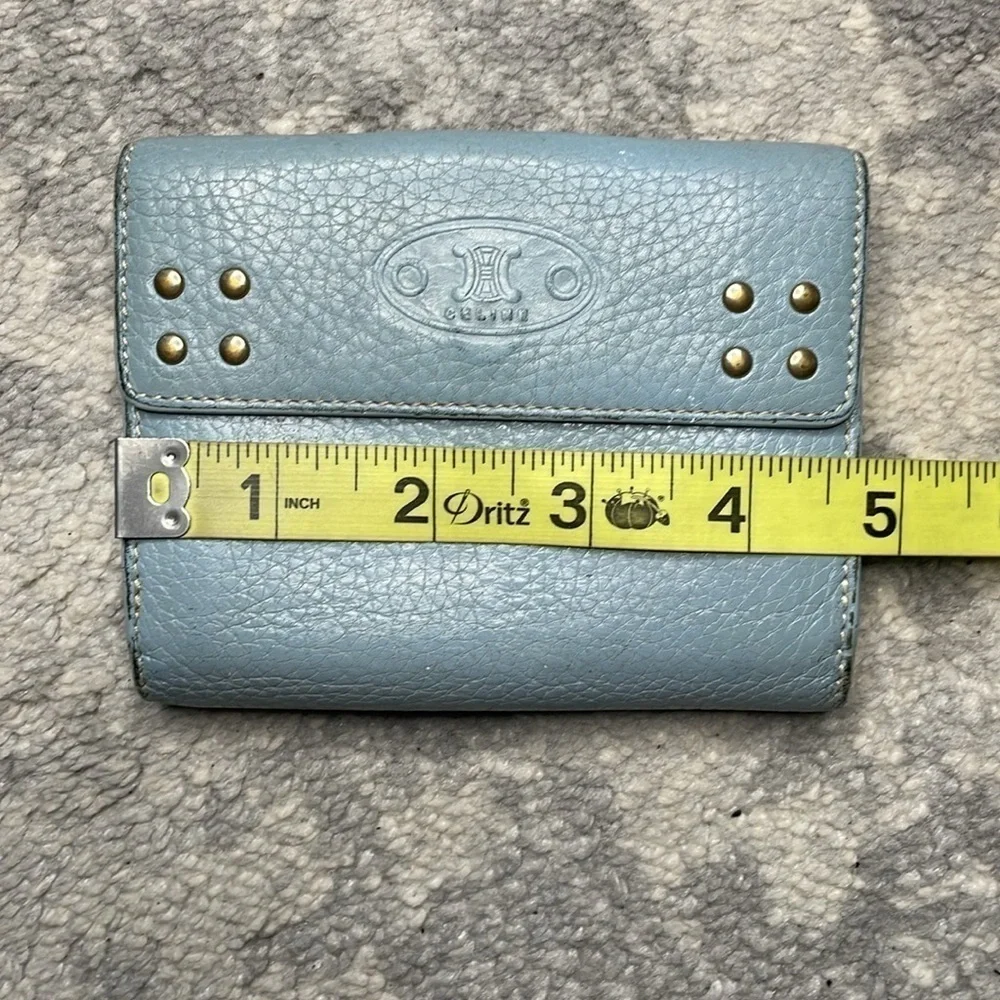 Celine Studded Pebbled Leather Compact Wallet Powder Blue Extra Card Holders
